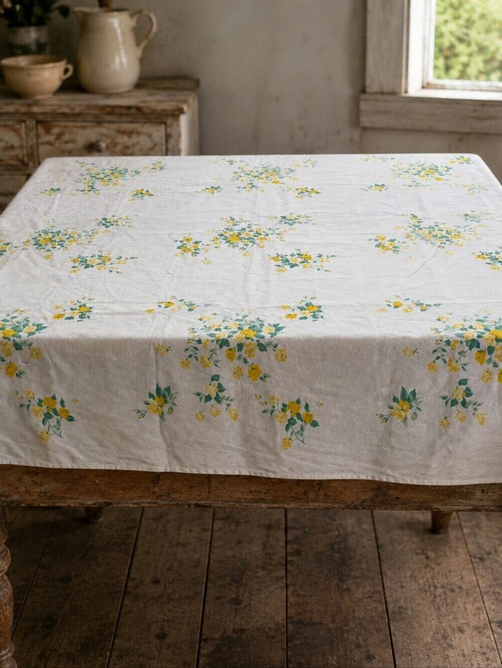 Vtg 50s Wilendur Floral Yellow Cabbage Rose Table Cloth Cottagecore Granny
